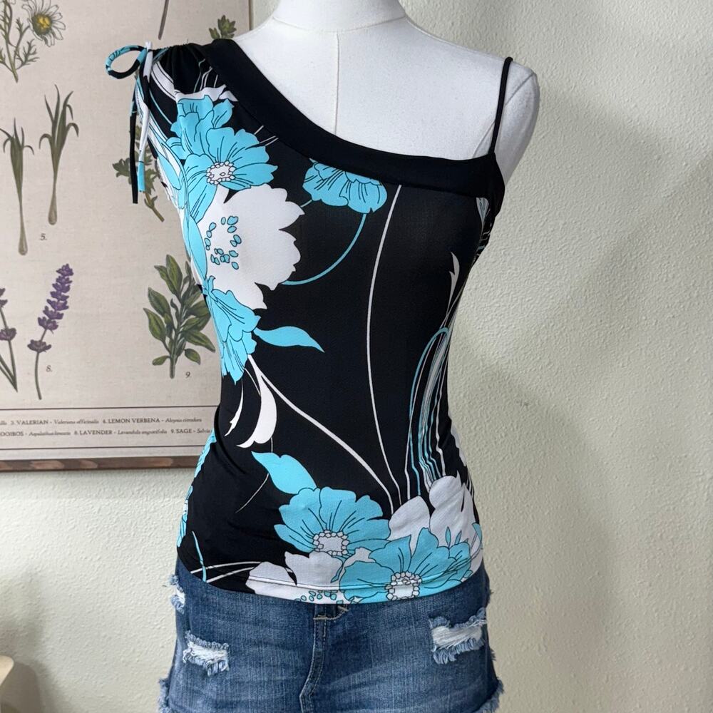 90s Y2k Floral Asymmetrical Sleeve Top Coastal Tropical Coconut Girl Trashy M